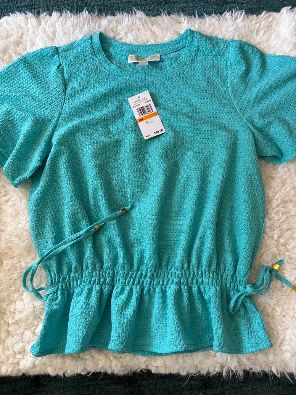 Michael Kors Turquoise Textured Knit Top with Gold Logo
